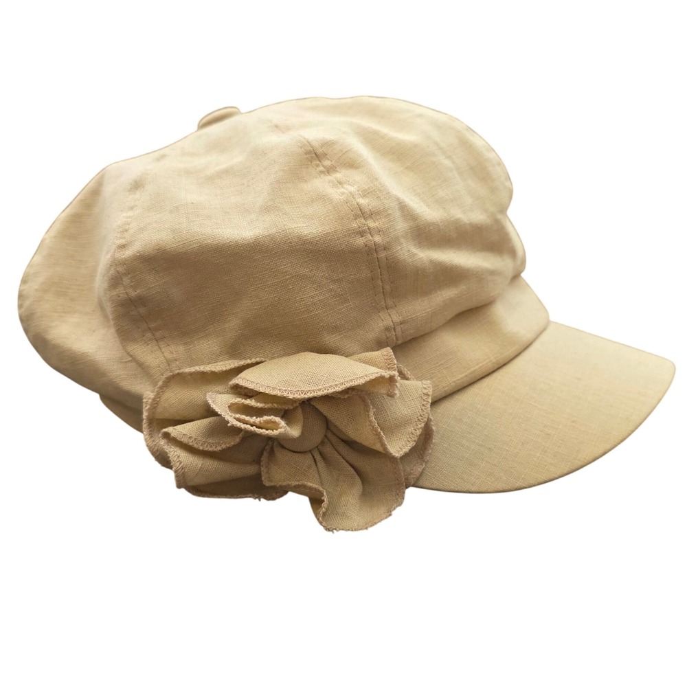 Vintage Cottagecore Beige Linen Flower Newsboy Baker Boy Hat By Augusta OS